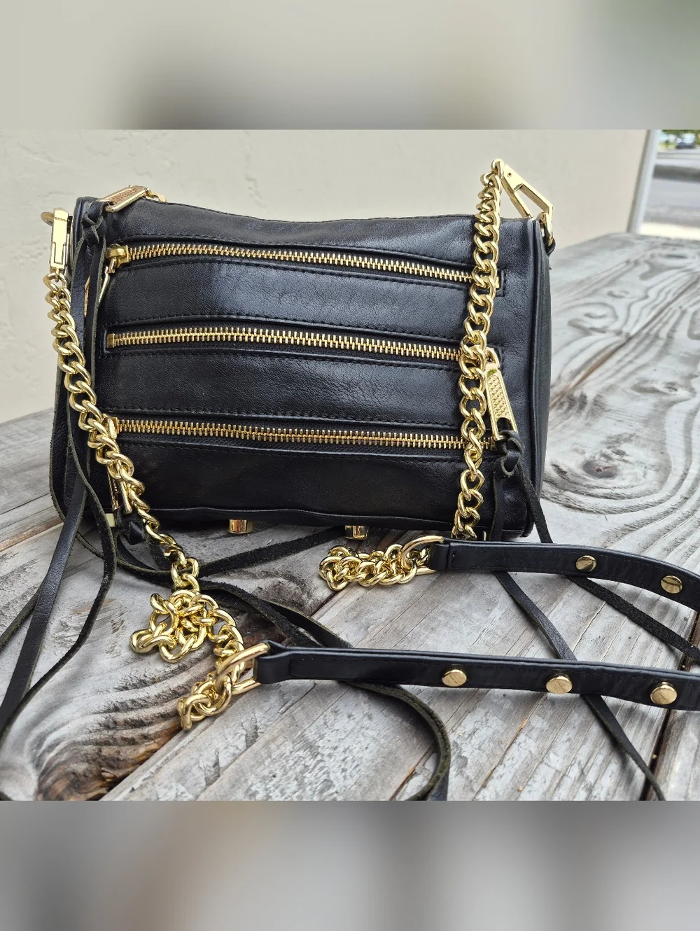 Rebecca Minkoff Black Leather Studded Crossbody Bag with Gold Zippers - Picture 4 of 16